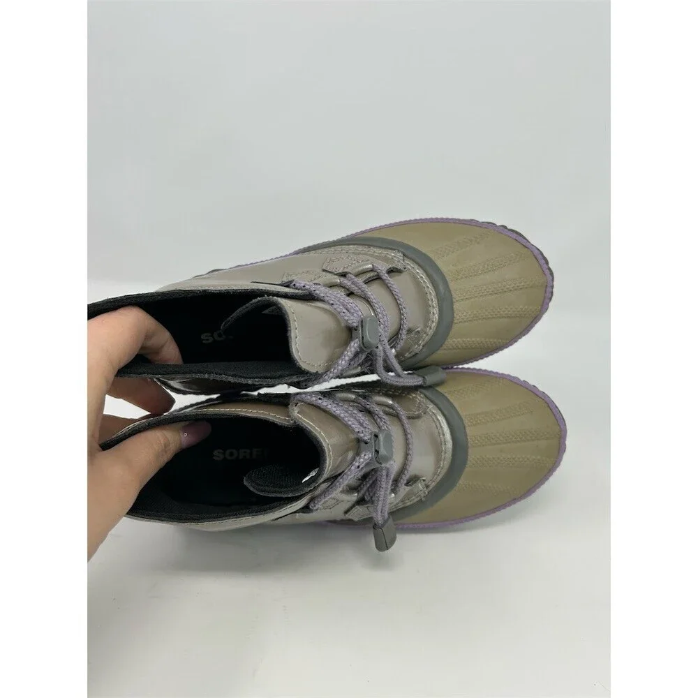SOREL Out N About Plus Duck Boots Girls Silver Gray Purple Trim Waterproof 4